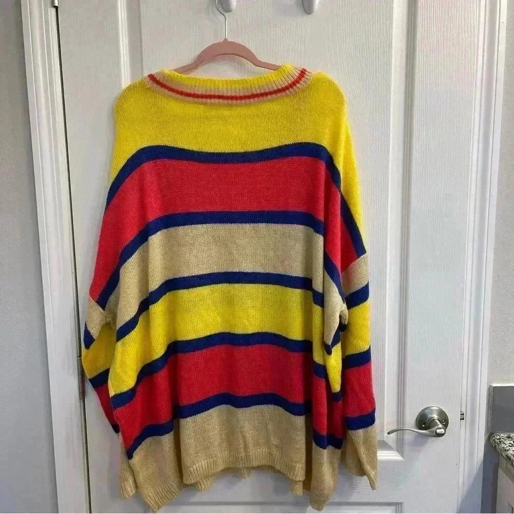 Over Sized Striped V-Neck Sweater (Yellow, Blue, Pink, and Tan) - Picture 7 of 7